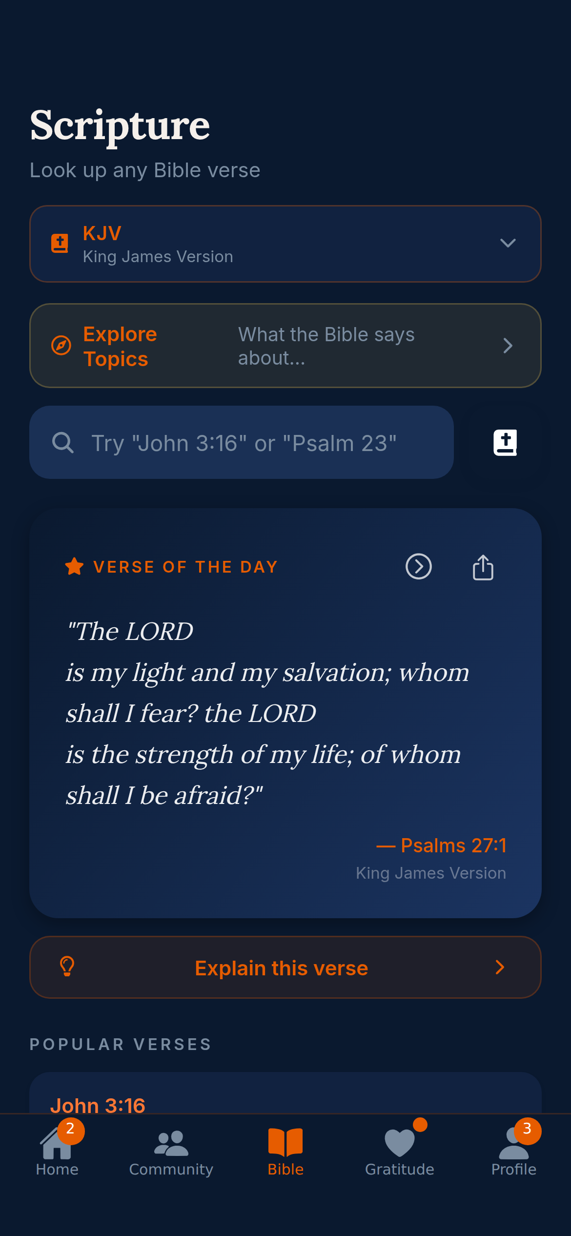 Scripture — look up any Bible verse, explore topics, daily verse of the day