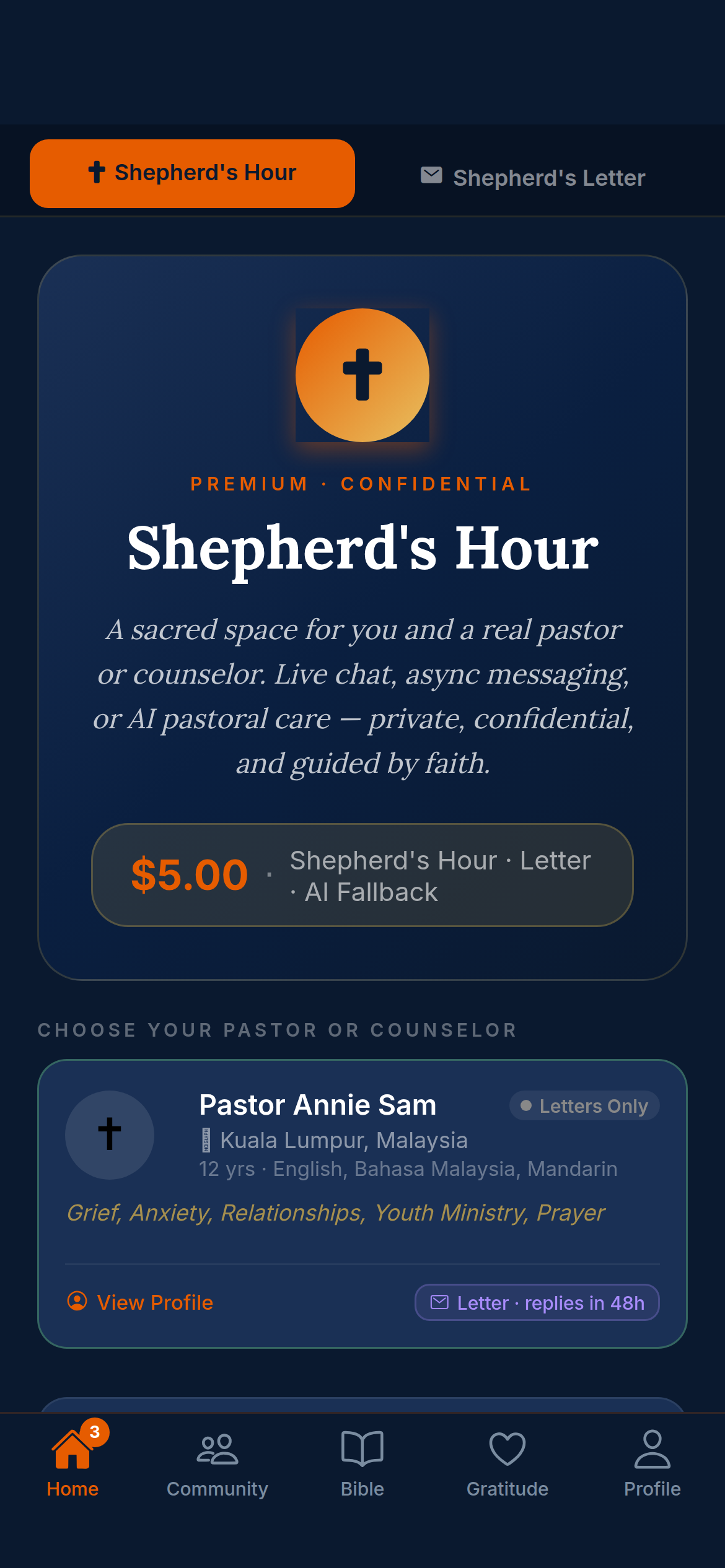 Shepherd's Hour — one-on-one with a real pastor or counselor